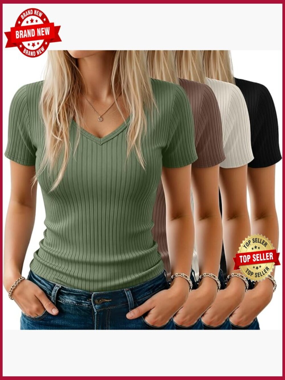 4 Pack Women's V Neck Short Sleeve T-Shirts Cotton Ribbed Slim Fit Tops